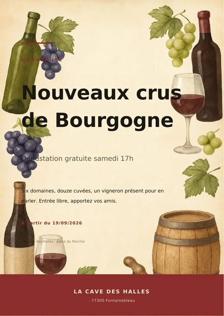 Affiche A4 générée par Pico : « Nouveaux crus de Bourgogne », caviste, palette bordeaux