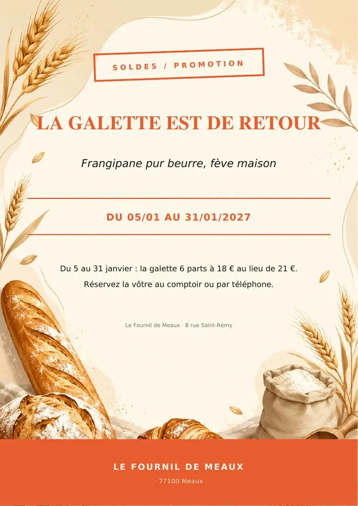 Affiche A4 générée par Pico : « La galette est de retour », boulangerie, palette orange et crème