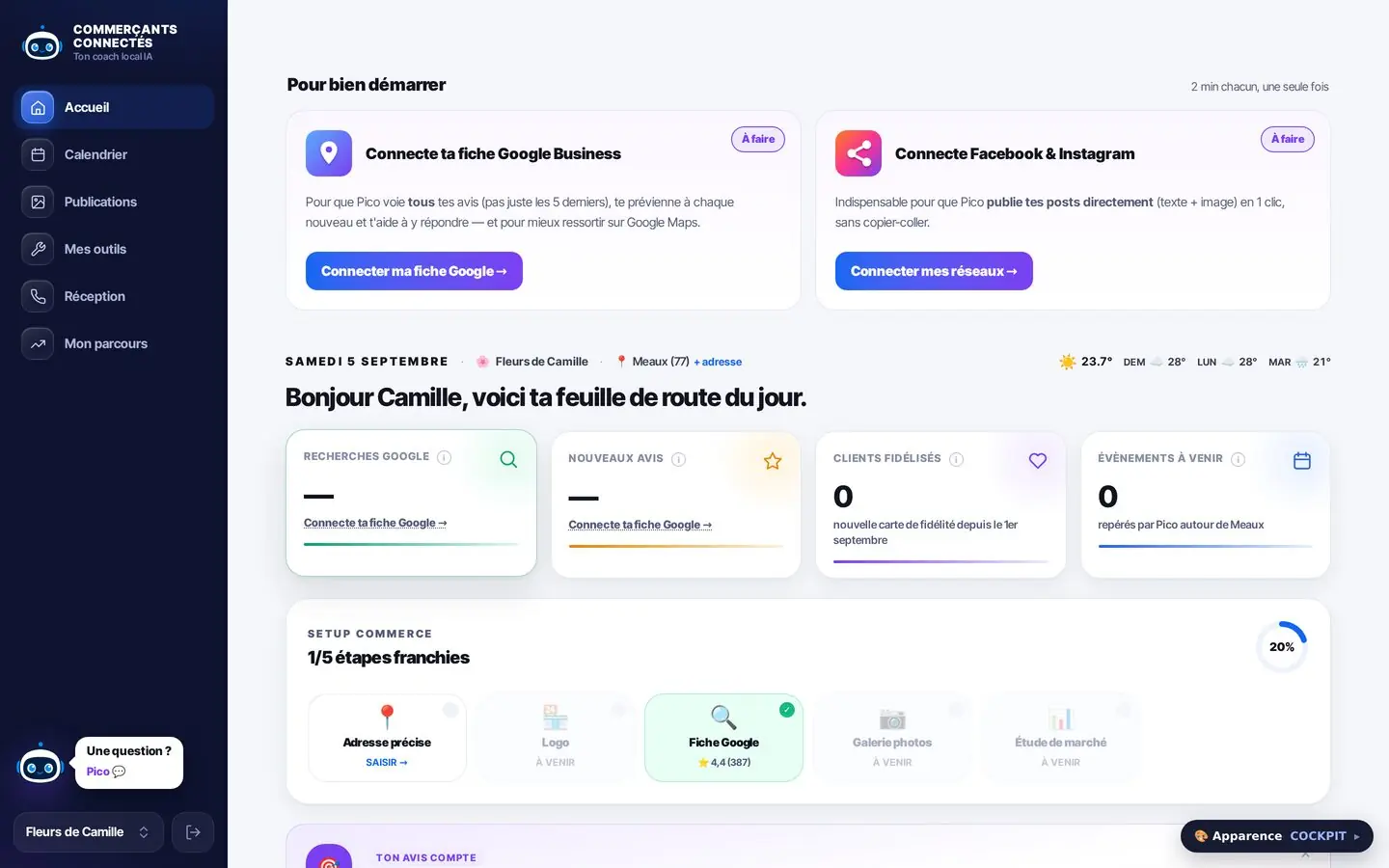 Tableau de bord Pico : action prioritaire du jour, brief du matin et progression du commerce