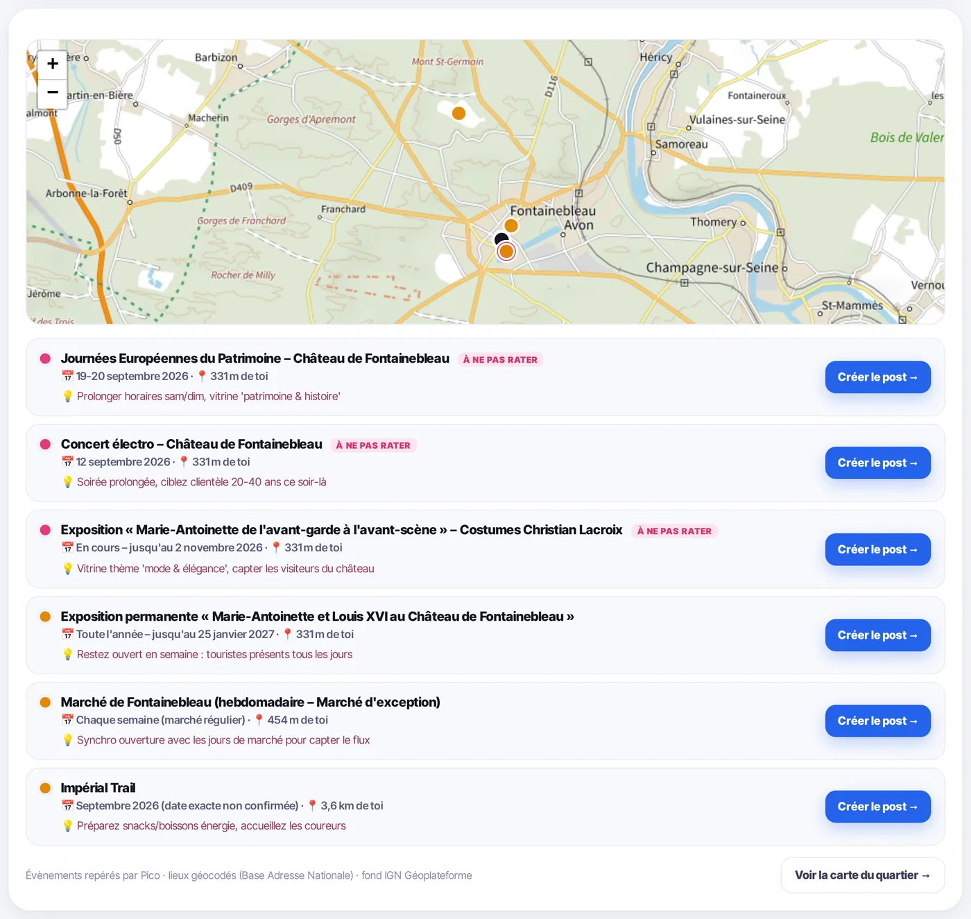 Tableau de bord Pico : carte des événements locaux autour de la boutique (Journées du Patrimoine, concert, marché) avec un post prêt à créer pour chacun.