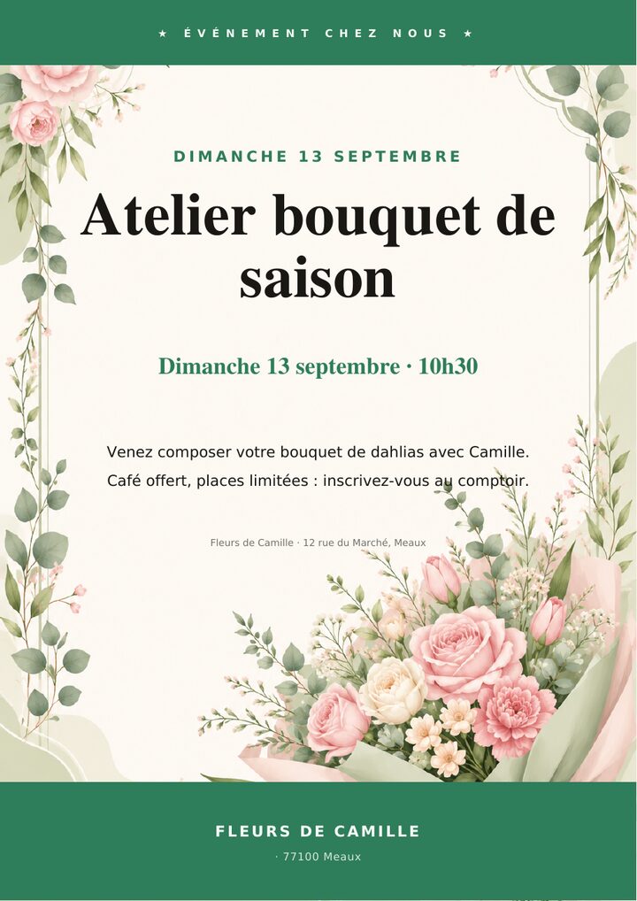 Affiche A4 générée par Pico : atelier bouquet de saison chez un fleuriste