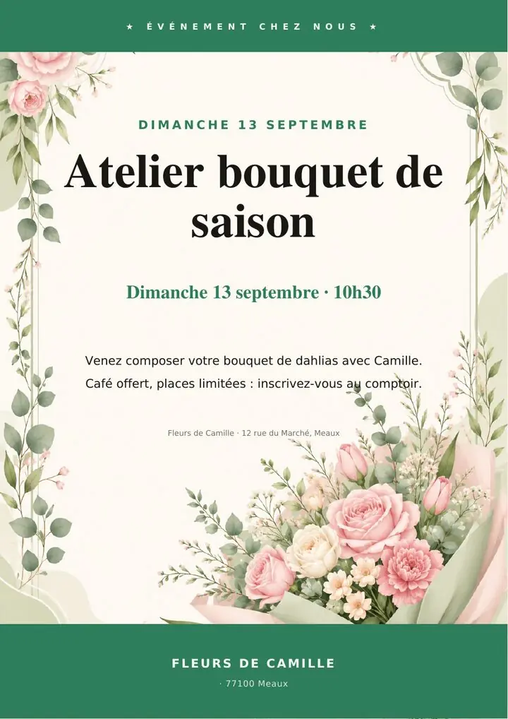 Affiche A4 générée par Pico : atelier bouquet de saison chez un fleuriste