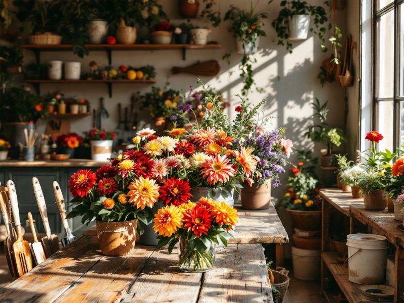 Photo générée par Pico pour un post de fleuriste : bouquets de dahlias dans la boutique